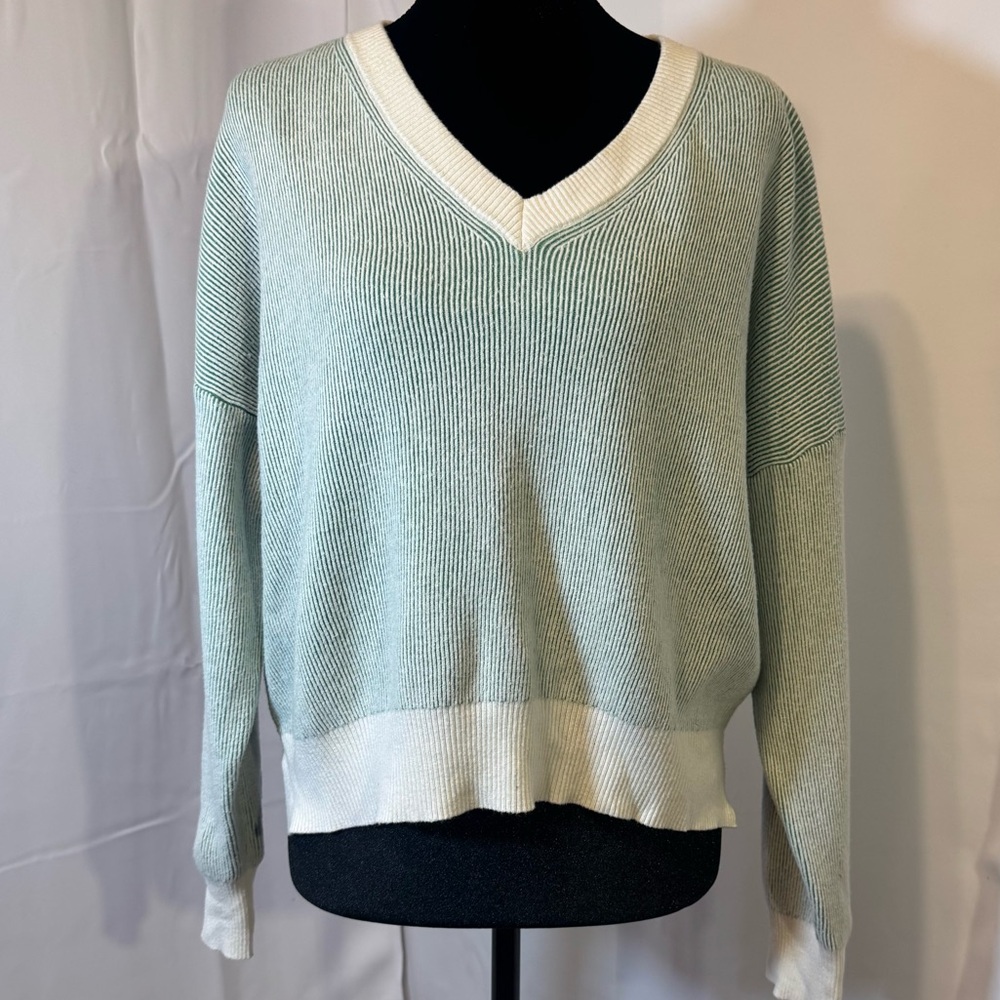 Dreamers By Debut XL Mint V-Neck Ribbed Sweater Coastal Preppy Beach White Trim